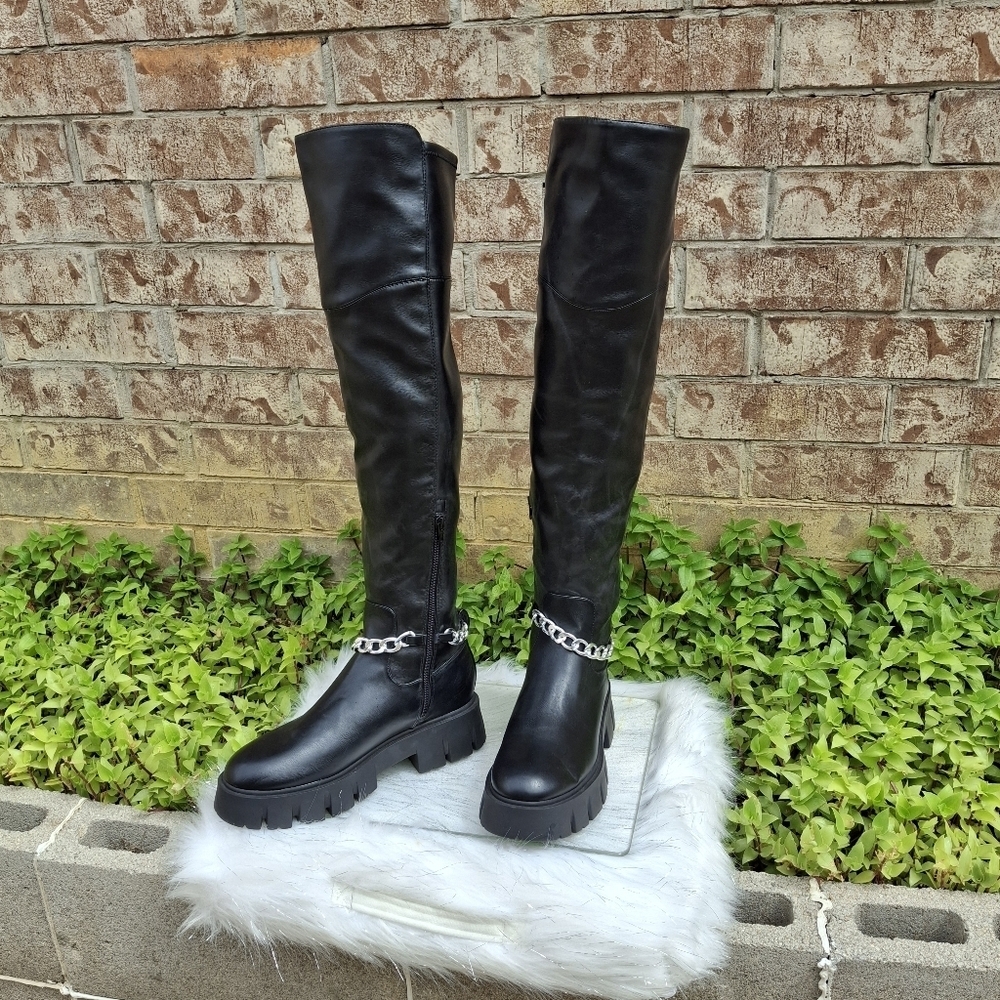 GBG Los Angeles Coen Thigh High With Chain Black Platform Boots Women Size 10 - Picture 5 of 16